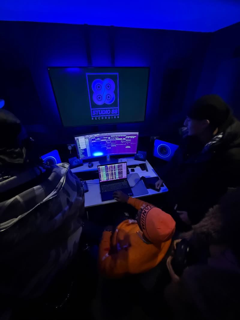 The mixing desk and monitors in Studio A