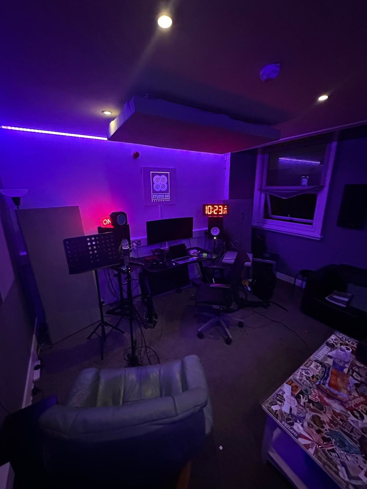Studio B recording room with purple LED lighting